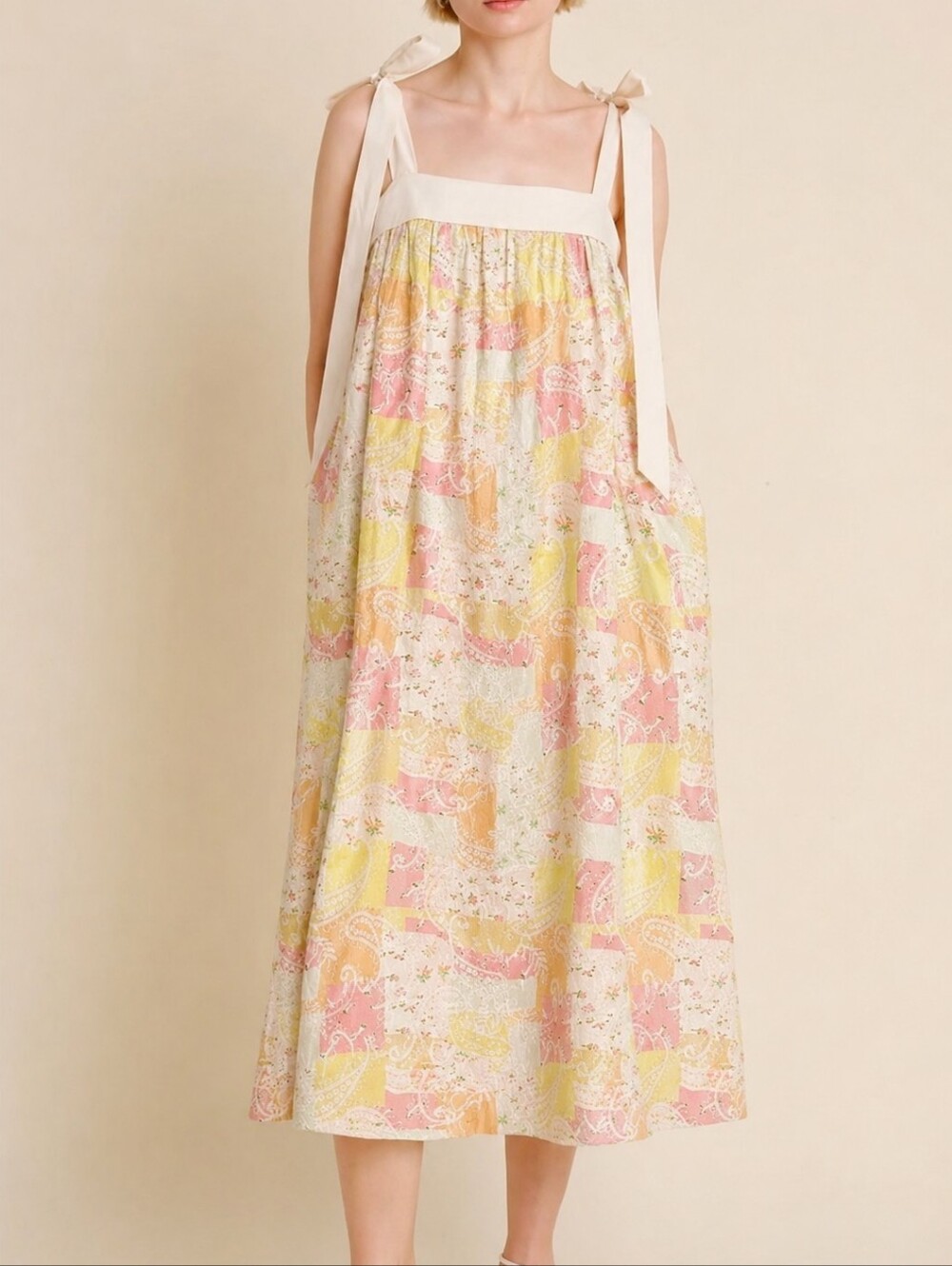 NWT Aureum Hamptons Patchwork Quilt Floral Embroidered Midi Dress Sz S Boho - Picture 1 of 12